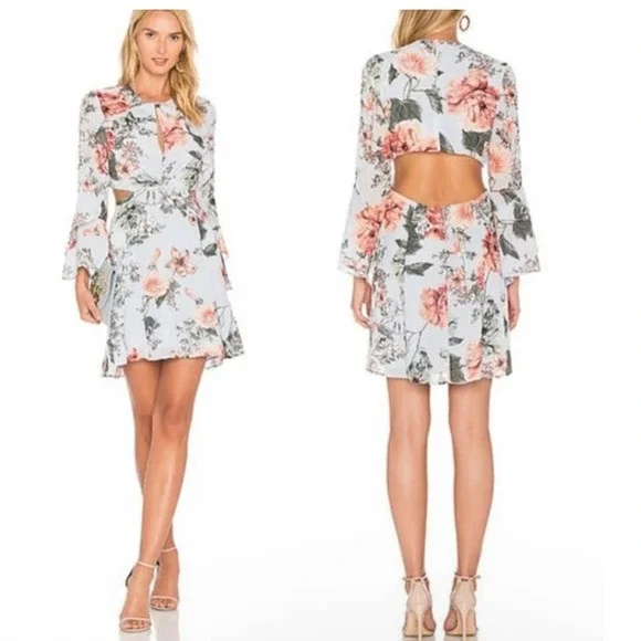 Bardot Revolve Mini Dress Blue Size 6 Floral Frill Bell Sleeves Ruffles Cut Out - Picture 6 of 12
